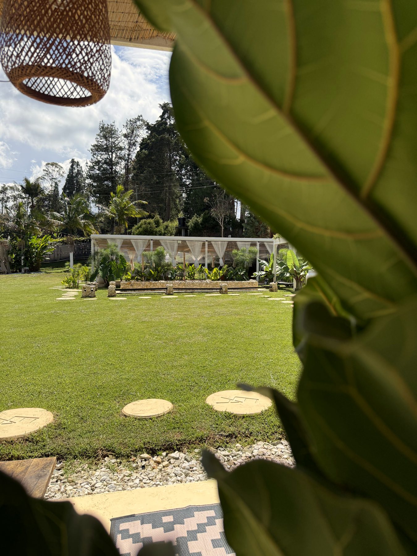El jardín y el Nido vistos entre las hojas desde Casa Armonía